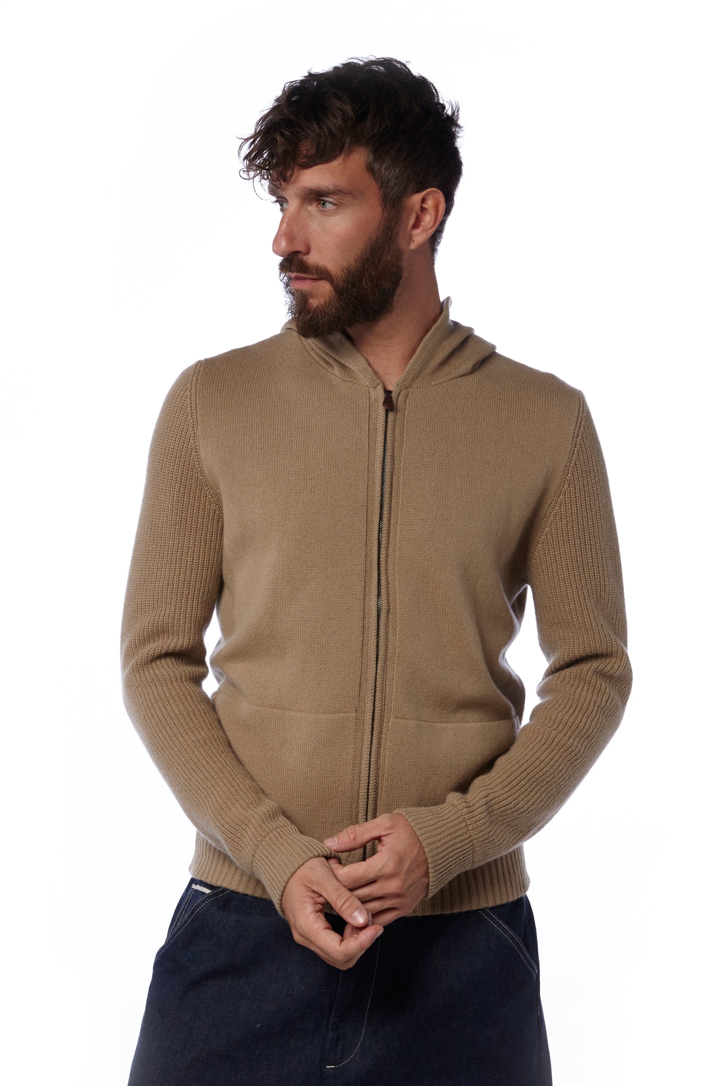 Felpa zip con cappuccio - Cammello
