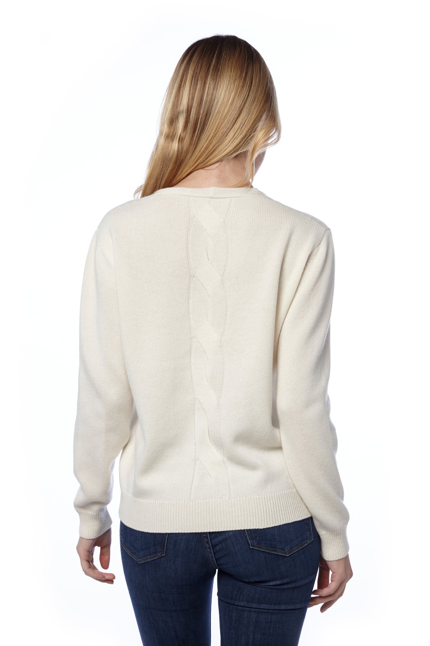 Maglia scollo a V con treccia centrale - Bianca