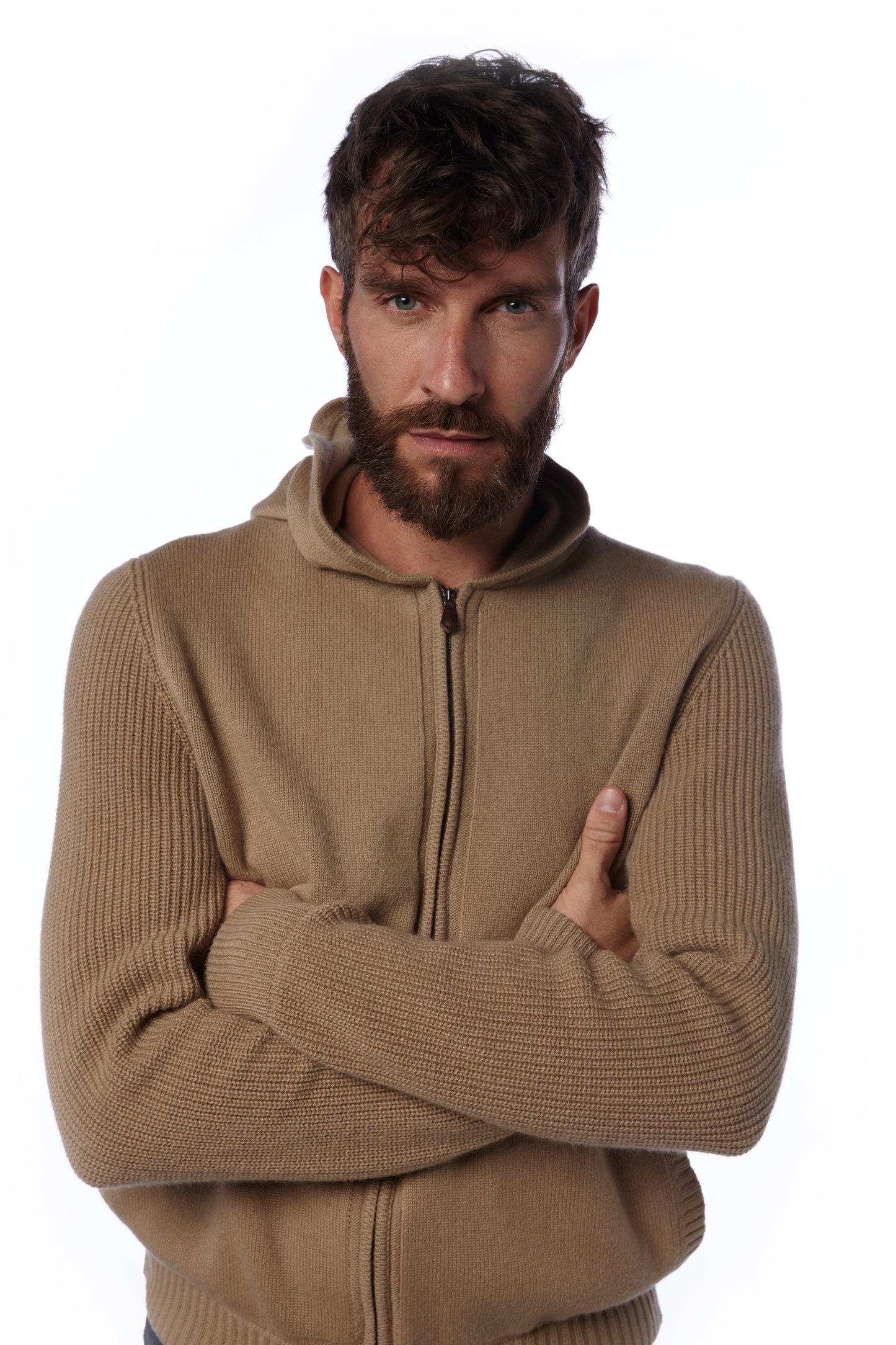 Felpa zip con cappuccio - Cammello