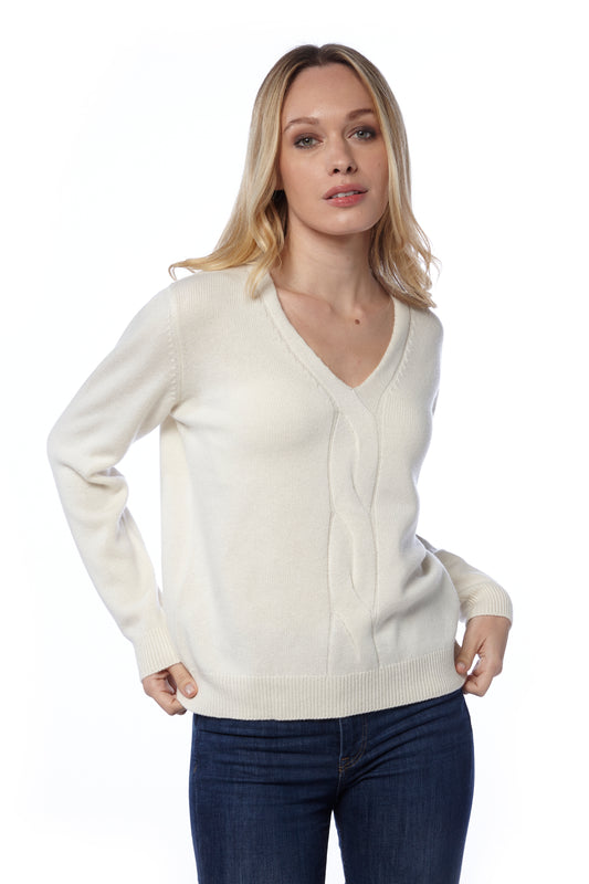 Maglia scollo a V con treccia centrale - Bianca
